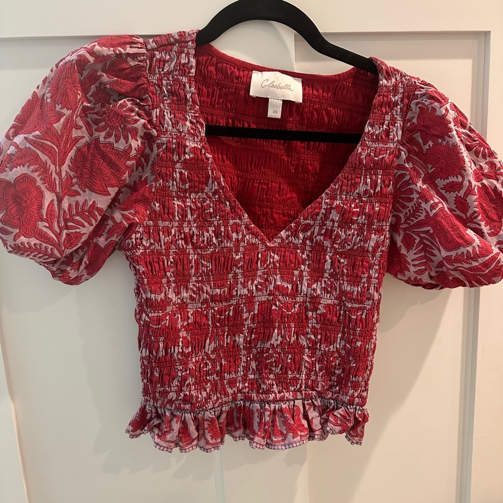 Cleobella Red and White Smocked Flutter Sleeve Blouse